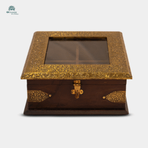 Handcrafted Wooden Storage Box with Brass Sheet Embossing (dry fruit box w glass)