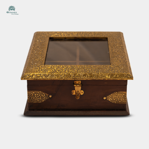 Handcrafted Wooden Storage Box with Brass Sheet Embossing (dry fruit box w glass)