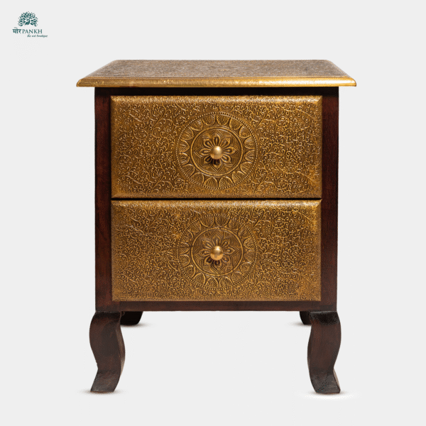 Handcrafted Wooden Bedside Table with Brass Detailing – 2 Drawers