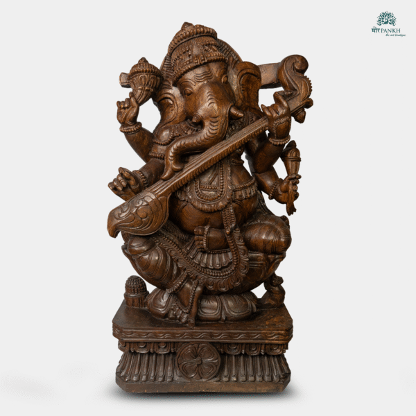 Hand-Carved Wooden Lord Ganesha with Veena  (3ft)