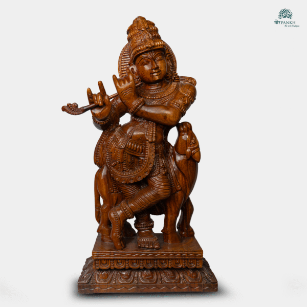 Hand-Carved Wooden Lord Krishna playing his Flute  (3ft)
