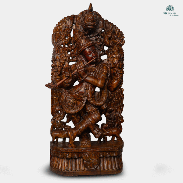 Hand-Carved Wooden Krishna Playing Flute under Sheshnag (temple k)  (3ft)