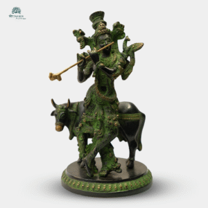 Brass Lord Krishna with Cow Brass Idol in Green & Black Finish