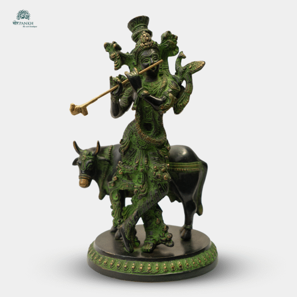 Brass Lord Krishna with Cow Brass Idol in Green & Black Finish