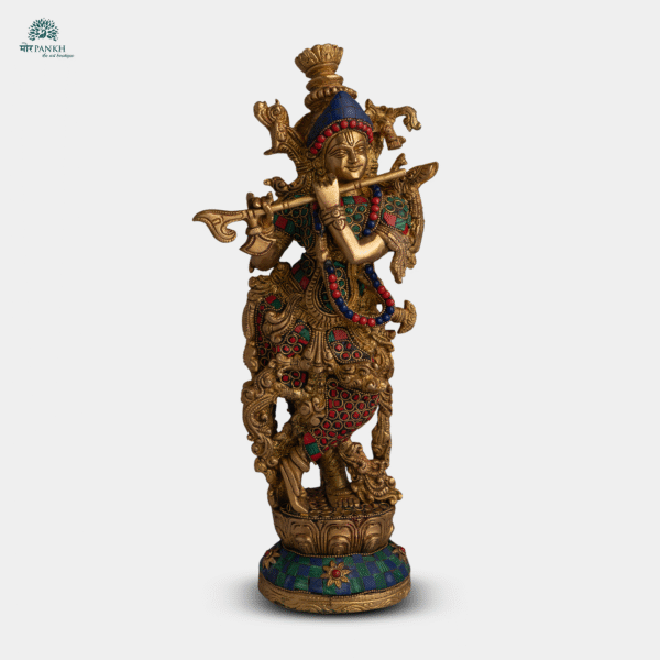 Traditional Brass Krishna Idol with Fine Krishna Stone- work Details 