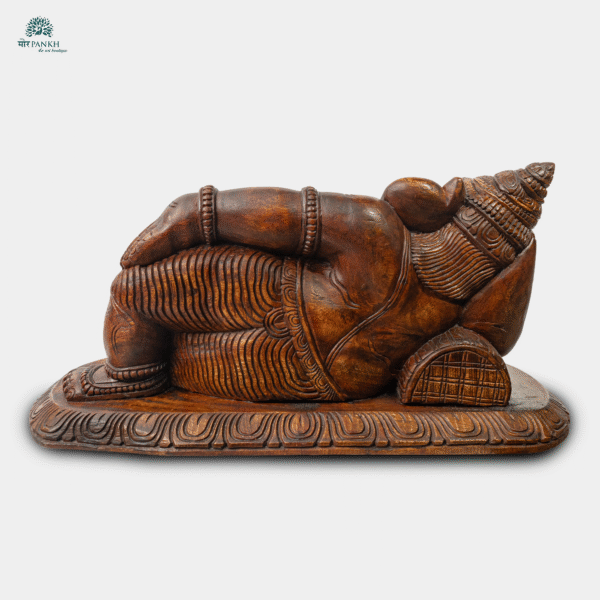 Hand-Carved Wooden Lord Ganesha Idol styled in a Lying Posture (2ft) - Image 2