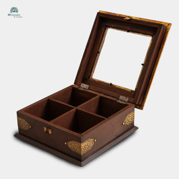 Handcrafted Wooden Storage Box with Brass Sheet Embossing (dry fruit box w glass) - Image 2