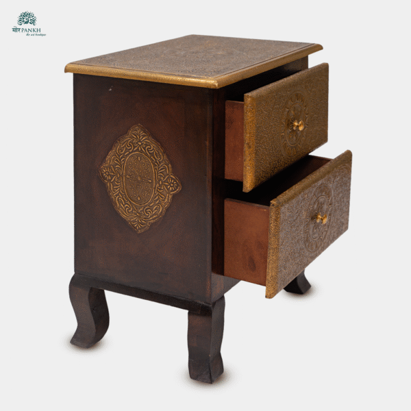 Handcrafted Wooden Bedside Table with Brass Detailing – 2 Drawers - Image 2