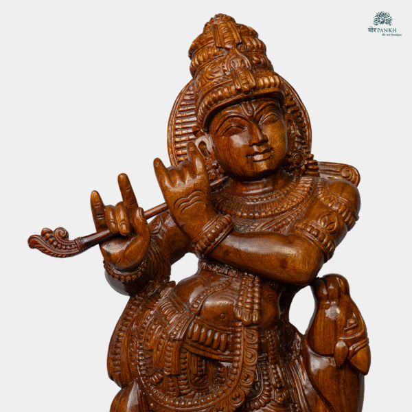 Hand-Carved Wooden Lord Krishna playing his Flute  (3ft) - Image 4