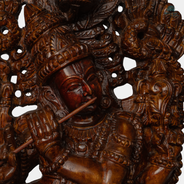 Hand-Carved Wooden Krishna Playing Flute under Sheshnag (temple k)  (3ft) - Image 2