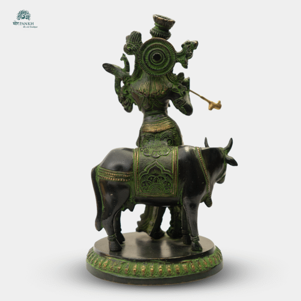 Brass Lord Krishna with Cow Brass Idol in Green & Black Finish - Image 3