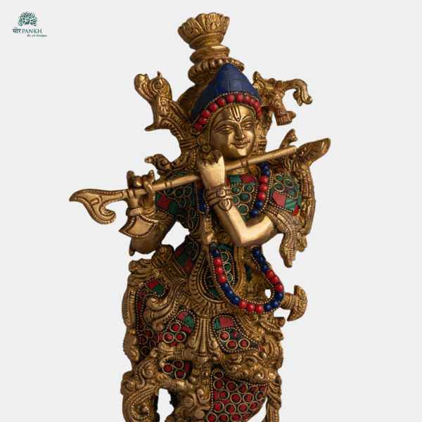 Traditional Brass Krishna Idol with Fine Krishna Stone- work Details  - Image 2