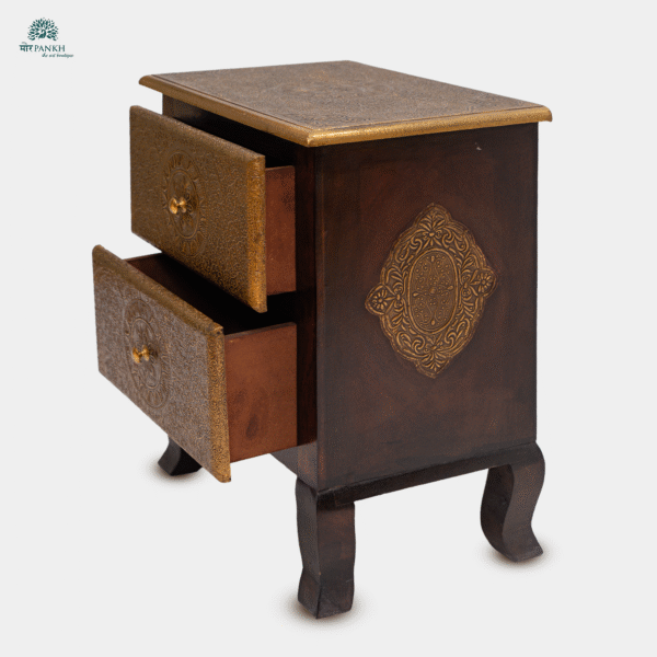 Handcrafted Wooden Bedside Table with Brass Detailing – 2 Drawers - Image 3