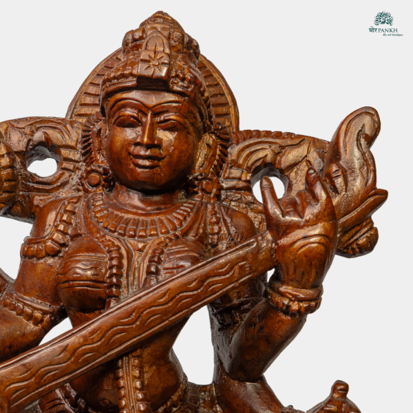 Hand-Carved Wooden Goddess Saraswati Idol (2ft) - Image 2