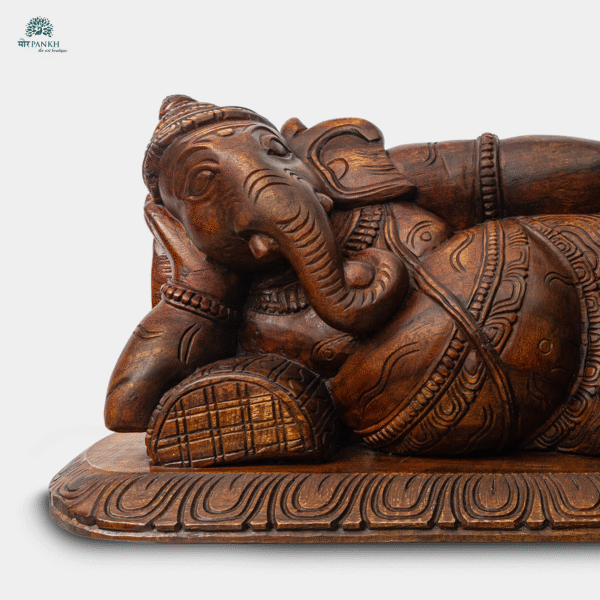 Hand-Carved Wooden Lord Ganesha Idol styled in a Lying Posture (2ft) - Image 3