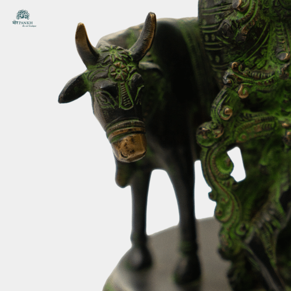 Brass Lord Krishna with Cow Brass Idol in Green & Black Finish - Image 2