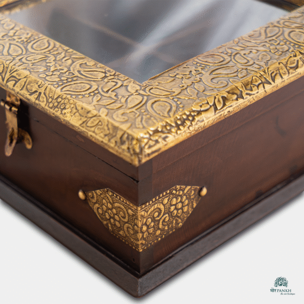 Handcrafted Wooden Storage Box with Brass Sheet Embossing (dry fruit box w glass) - Image 3