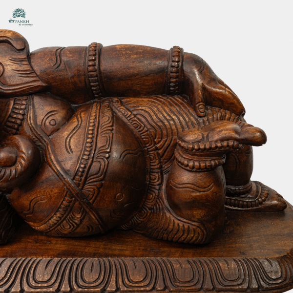 Hand-Carved Wooden Lord Ganesha Idol styled in a Lying Posture (2ft) - Image 4