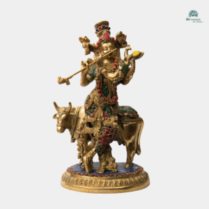  Brass Lord Krishna with Cow featuring– Gold & Stone Inlay Work
