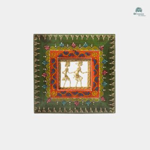 Handpainted Decorative Frame with Dhokra Brass Artwork – Wall Décor-9x9 (Blue,O.Gr., Orange)
