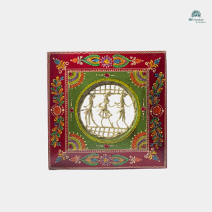 Handpainted Decorative Frame with Dhokra Brass Artwork – Wall Décor -11x11( Red,D.Gr, Yellow)