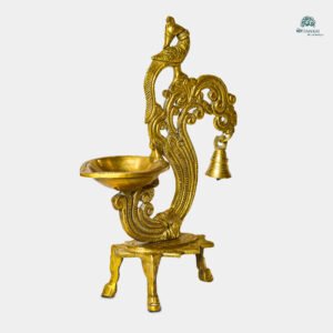 Handcrafted Brass Diya with Elevated Base & Bell – Peacock Motif